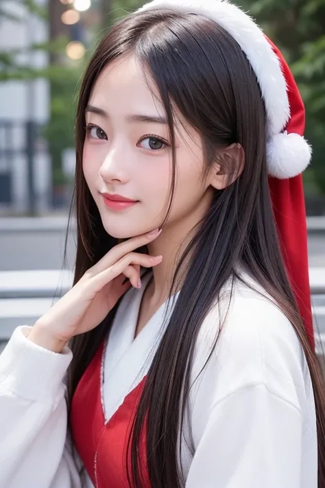 ​masterpiece, The highest image quality, hightquality, beautiful a girl, japanes, Japan schoolgirl, Popular Korean Makeup,wearing Santa Claus costume、 detaileds, Swollen eyes, A detailed eye, Detailed skin, Beautiful skins, 超A high resolution, (现实:1.4), ve...