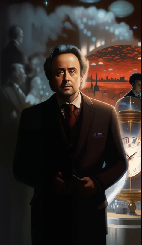 a man in a suit and tie stands in front of a clock, Neil Asher science fiction, Giorgio A. Tsoukalos, based on Johfra Bosschart, promotional art, Ivan, Fan art, andrei riabovitchevy, inspired by Ludwik Konarzewski Jr., based on Konrad Klafek