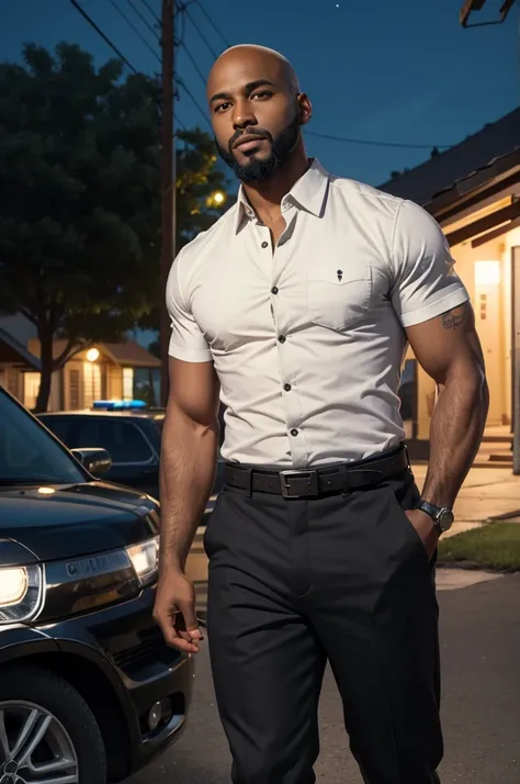 black guy in his thirties, bald or cropped hair, trimmed beard, athletic, short sleeve buttoned shirt, canvas pants, shoes, city at night, cozy single suburb house in background, police badge on belt