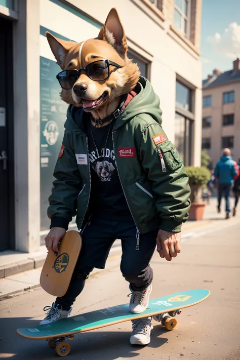 c4tt4stic, Cartoon brown dog in jacket and skateboard, sunglasses,dog