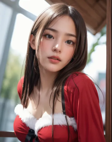 Photorealistic, masutepiece, Best Quality, Raw photo, 1girl in, Solo, Long hair, Brown hair, Detailed face, alluring face, wearing Santa Claus costume, medium breasts, Dynamic Pose, Looking at Viewer, From below, Detailed background, fine detailed, intrica...