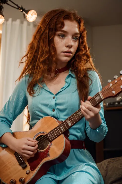 Little red-haired girl plays the guitar, curly hair, Curls, Cyan eyes, freckles, Slim physique, collar dress, long sleeves dress, plays the guitar, vintage guitar, musician, a lot of freckles, light skin, Magic Lights, Magic Lights