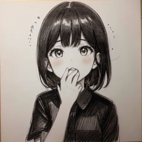 in the style of Chi no Wadachi, manga style, black and white, A girl wearing a school uniform, shaded face, standing, shocked, mouth agape, black and white, surrounded by darkness, side bangs, black hair, black and white, centered, torso, white face, shade...