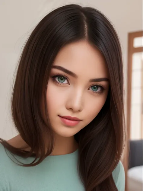 A young and beautiful woman, coiffed blonde hair，Gently drop to your shoulders in waves, Medium Tall, Big green eyes, with fair skin, She was in her pajamas, She was in bed, Do hair care before bedtime, The environment is illuminated by warm and pleasant l...