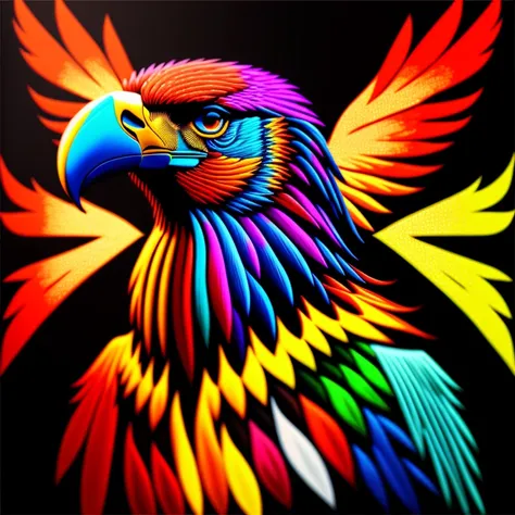 A painting of a colorful german Reichsadler eagle on a black background , breathtaking rendering, dans une connexion rayonnante, inspired by Kinuko Y. Craft,, Magical elements, icon, wow, est magnifique, lancer un sort multicolore, flash lumineux, flash, C...