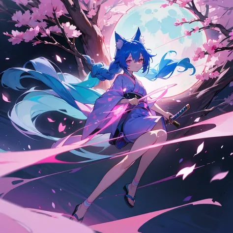 4K ultra HD, catgirl, blue hair with ends glowing light blue, pink kimono stopping at the knees, revealing cleavage, entire body facing camera, moon in background, holding a katana, wearing sandals, pink aura emanating from body, sakura trees on side, high...