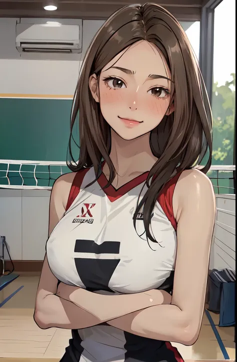 1 Lady Solo, /(Volleyball uniform/), /(dark brown hair/) Bangs, A light smile with a blush, (masterpiece best quality:1.2) Ultra-detailed delicate illustrations, Big breasts Break /(Indoor volleyball court/)