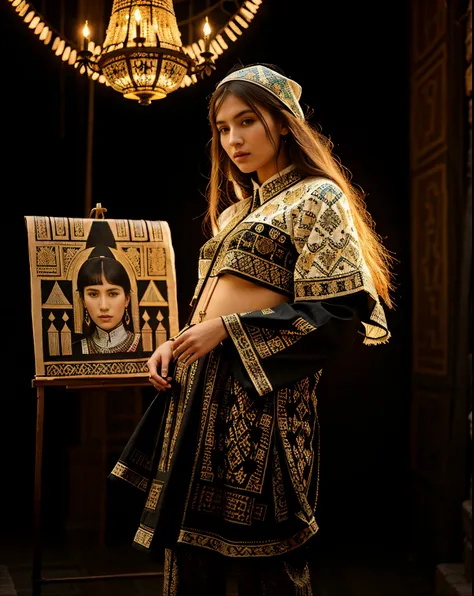 high fashion, hyperrealism, clothing in the style of the Ark fortress, the ancient citadel in Bukhara, Uzbekistan, material with a traditional pattern or drawings in the spirit of the works of artists of that time: at the same time, clothing models refer t...