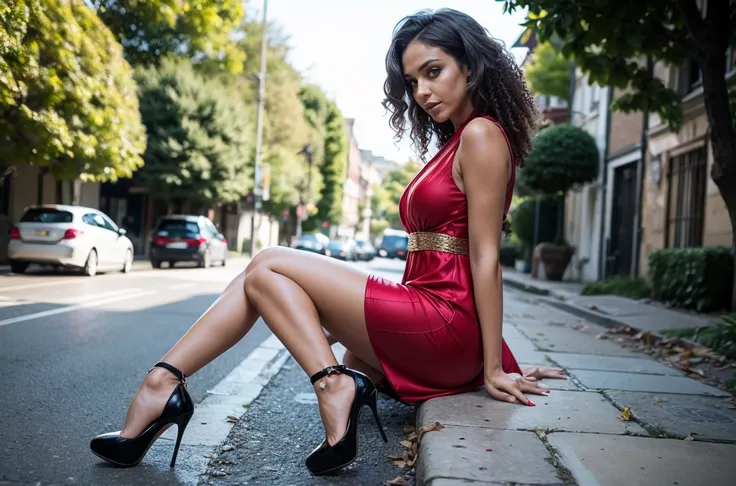 kamila, red summer dress, black high heels, curly hair