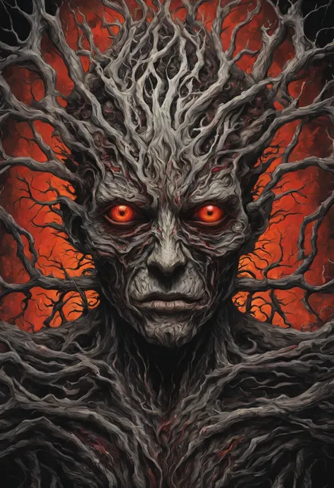 ultra detailed complex illustration of a corrupted humanoid plant, abstract, expressionism, oil paint, limited colors, eerie, creepy, nightmarish, bold colors, red eyes, black sclera, tree bark resembling human muscles and tendons, rotten, branches as hair...