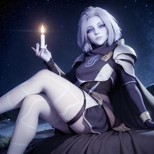 ((masterpiece)), (best quality), 8k, ultra-detailed, absurdress, 3d, mara sov, long face, stoic, destiny 2, space, colorful background, blue eyes, white skin, the reef, awoken, full body, sitting down, candles