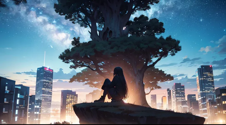 octans, sky, star (sky), scenery, starry sky, night, 1girl, night sky, solo, outdoors, building, cloud, milky way, sitting, tree, long hair, city, silhouette, cityscape