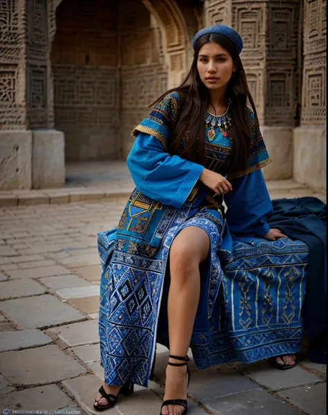 high fashion, hyperrealism, clothing in the style of the Ark fortress, the ancient citadel in Bukhara, Uzbekistan, material with a traditional pattern or drawings in the spirit of the works of artists of that time: at the same time, clothing models refer t...