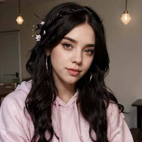 Billie Eilish, gloss lipstick, eyeliner, eyeblush, cheekblush, pretty, cute, adorable, long curly bob, age 30, black hair, hoody, soft smile, earrings, flower headband, party dress