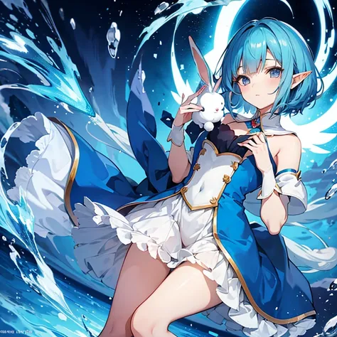 anime girl elf with short blue hair holding a white rabbit, cute anime in a nice mage outfit