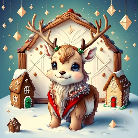 (cute baby reindeer smiling with gingerbread house), Munchkin ,Geometric multidimensional wall portrait, livro de arte, Tchibi,
Yang08k, Beautiful, Colouring,
Obras, of the highest quality, best quality, Arte Oficial, Beautiful and Aesthetic,