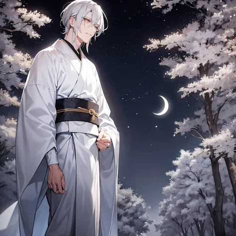 Tall man, white eyes, long gray hair, wearing a white kimono, with moon crescent patterns, white pants, walking in a forest at night, looking at the viewer, solo, cowboy shot, masterpiece