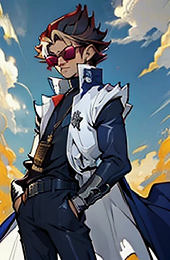 um homem com cabelo liso preso com detalhes em amarelo e roxo no cabelo, roupa roxa vermelha e azul, Hands in pockets, olhando para frente, with sunglasses, long red cape, cool pose