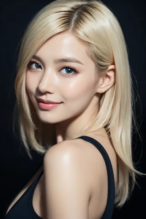 (top-quality、8K、​masterpiece)、1 girl in、beautfull Japanease woman, mixed with some dutch influences、thin-waist、Beautiful Women in Perfect Style：1.4、finerly detailed face、wavy short blonde platinum hair、makeup、full body Esbian、Very big tank top, Sexy and ve...