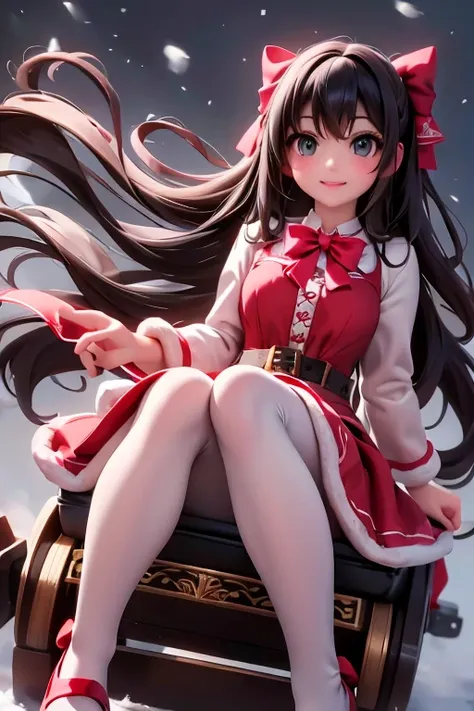 a cute girl smiling sitting on a sleigh, black hair, christmas steampunk dress, christmas hair ribbons, white pantyhose, red pum...