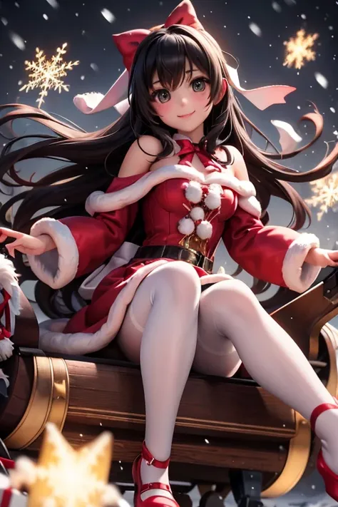 a cute girl smiling sitting on a sleigh, black hair, christmas steampunk dress, christmas hair ribbons, white pantyhose, red pumps, magical night, winter night, magical sparks floating, falling snow,