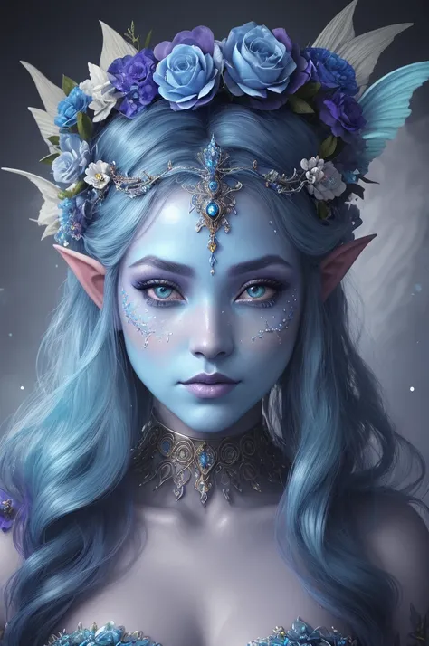 a close up of a woman with a blue face and a flower crown, digital art inspired by Hedi Xandt, trending on cg society, fantasy art, closeup fantasy with water magic, ornate cosplay, portrait of mermaid queen, fantasy portrait, beautiful fantasy portrait, p...