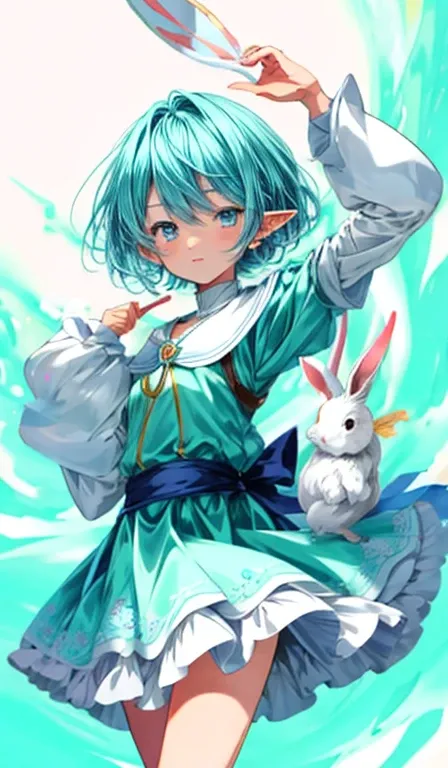 anime girl elf with short blue hair holding a white rabbit, cute anime in a nice mage outfit