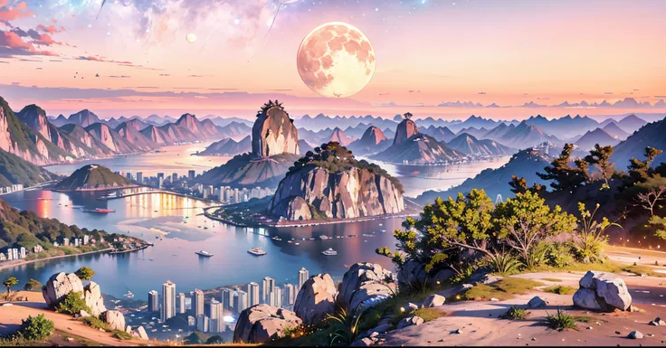 expansive landscape photograph from Rio de Janeiro, Brazil,(a view from below that shows sky above and open field below), (full moon:1.2), ( shooting stars:0.9), (nebula:1.3)