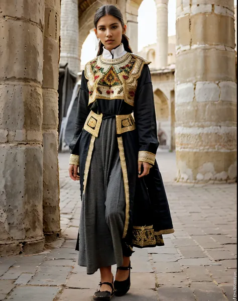 high fashion, hyperrealism, clothing in the style of the Ark fortress, the ancient citadel in Bukhara, Uzbekistan, material with a traditional pattern or drawings in the spirit of the works of artists of that time: at the same time, clothing models refer t...