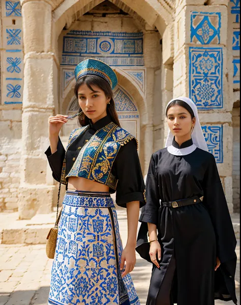 high fashion, hyperrealism, clothing in the style of the Ark fortress, the ancient citadel in Bukhara, Uzbekistan, material with a traditional pattern or drawings in the spirit of the works of artists of that time: at the same time, clothing models refer t...