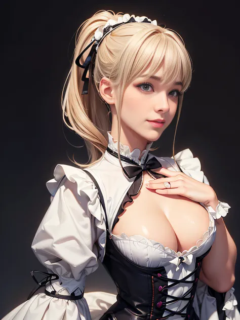 1 girl in、tiny chest、Blonde ponytail、Upper body view、Outrageous resolution、hight resolution、(​masterpiece:1.4)、ultra-detailliert、Crisp details、Dramatic and photorealistic pictorial art、girl in sexy lolita costume、A smile full of cuteness、Gray wallpaper bac...