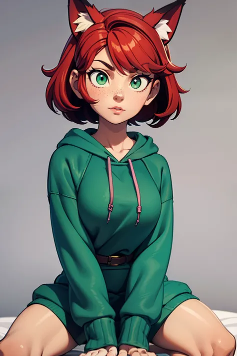 1girl, full body, teenager, solo, (short pixie cut Hair, undercut red hair: 1.28), ((light gray eyes)), some small freckles, (dark fox ears: 1.35), pale skin, large breasts, (thin hips, thin waist , athletic body: 1.25), simple background, looking away, (w...