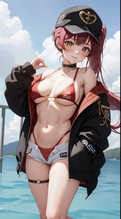 houshouBikini, heterochromia, red eyes, yellow eyes, ponytail, long hair, jewelry, baseball cap, sunglasses, eyewear on headwear, black jacket, open jacket, white shorts, short shorts, red bikini, string bikini, o-ring thigh strap, sorriso sexy, peitos med...