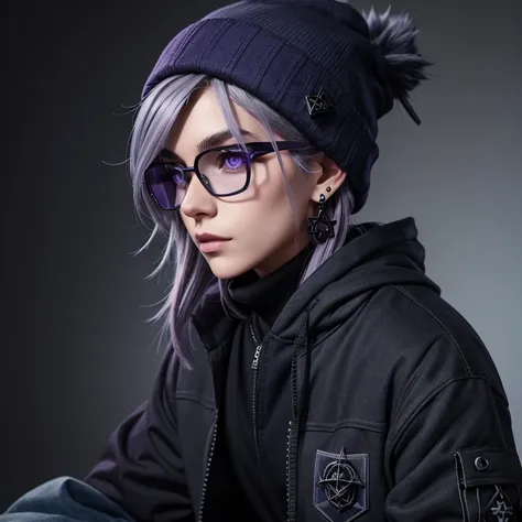 Medium-length smokey grey fade into purple hair, dark purple eyes, navy blue beanie, black sweatshirt, navy blue jacket, black cargo pants, black construction boots, small earrings with pentagrams, Caucasian, dark blue glasses, tall, small amounts of dark ...