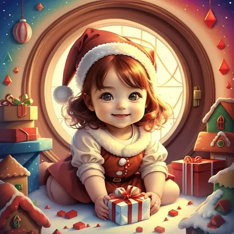 (cute baby girl smiling with red santa hat and presents and a gingerbread house), Munchkin ,Geometric multidimensional wall portrait, livro de arte, Tchibi,
Yang08k, Beautiful, Colouring,
Obras, of the highest quality, best quality, Arte Oficial, Beautiful...