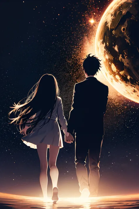 Make me a drawing in which you can see the black silhouette of a boy and a girl holding hands while they see the end of the universe