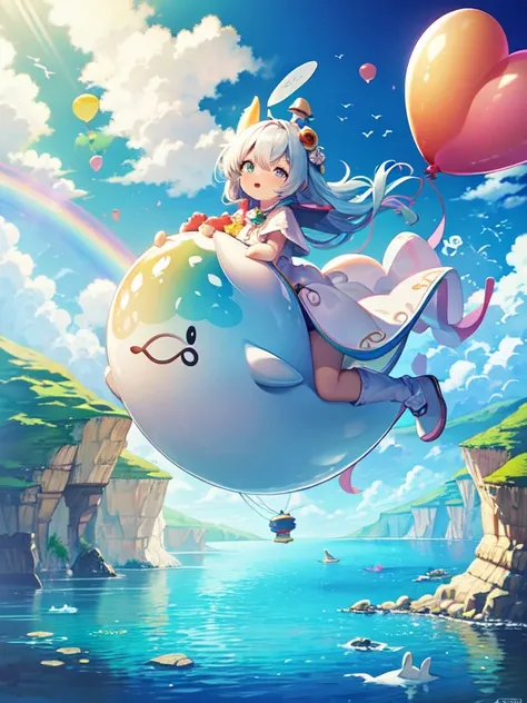 A surreal landscape where balloon animals come to life, roaming a fantasy world made of clouds and rainbows, including a floating balloon whale and a hopping kangaroo.