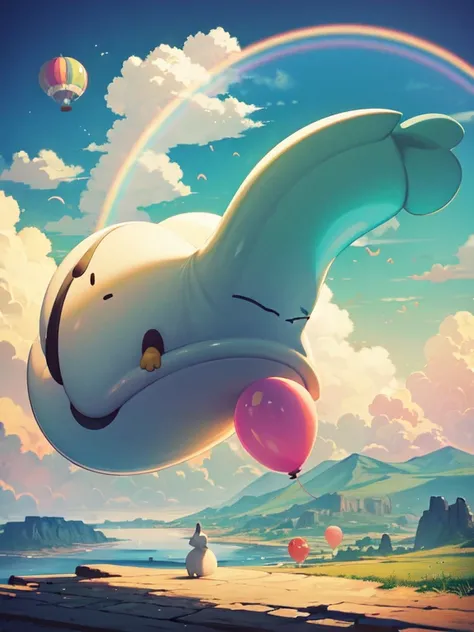 A surreal landscape where balloon animals come to life, roaming a fantasy world made of clouds and rainbows, including a floating balloon whale and a hopping kangaroo.