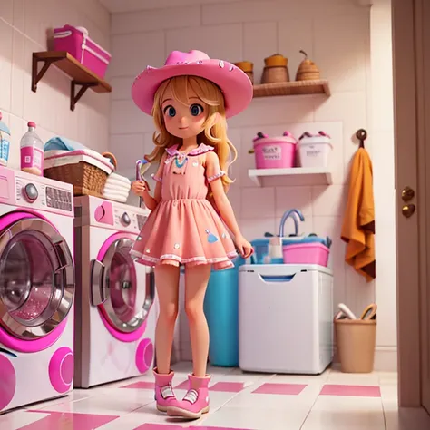 blonde hair brown eyes girl with pink cowboy hat in laundry room with bubbles around her