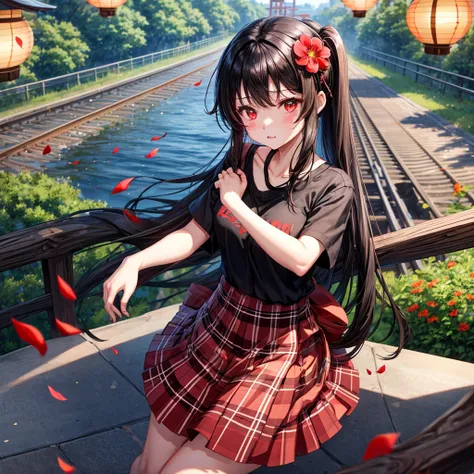 Black brown hair、red eyes、one good looking girl、独奏、animesque、lightly dressed、Plaid miniskirt、flower petals、wetting hair、Black T-shirt、large tree、云、railroad crossing、poneyTail、shrines、lantern