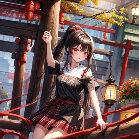 Black brown hair、red eyes、one good looking girl、独奏、animesque、lightly dressed、Plaid miniskirt、flower petals、wetting hair、Black T-shirt、large tree、云、railroad crossing、poneyTail、shrines、lantern