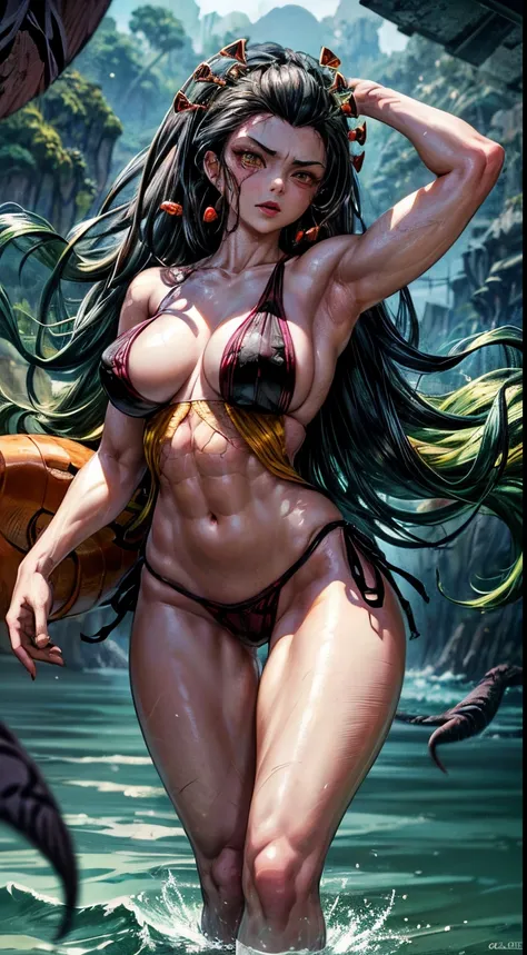 Shapely legs, wearing a bikini, beautiful legs, taken from below, ass flesh, panties that bite, visible buttocks, jellyfish, hair made up of pink snakes, reddish-yellow eyes, standing, full body photo, on the beach, surface of ultra-detailed sea, skull ref...