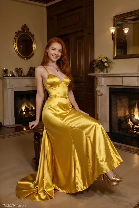 Ultra high definition images, 1 girl, smiling, long hair Redhead, (Light yellow satin dress, full length Espian, Red pendant, full body image,) You will see at home near a cozy fireplace