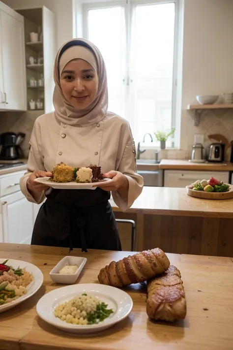 ((produit du e-commerce)), ((cuisine)), (grande table), femme musulmane
vêtue en robe, assiette avec couscous