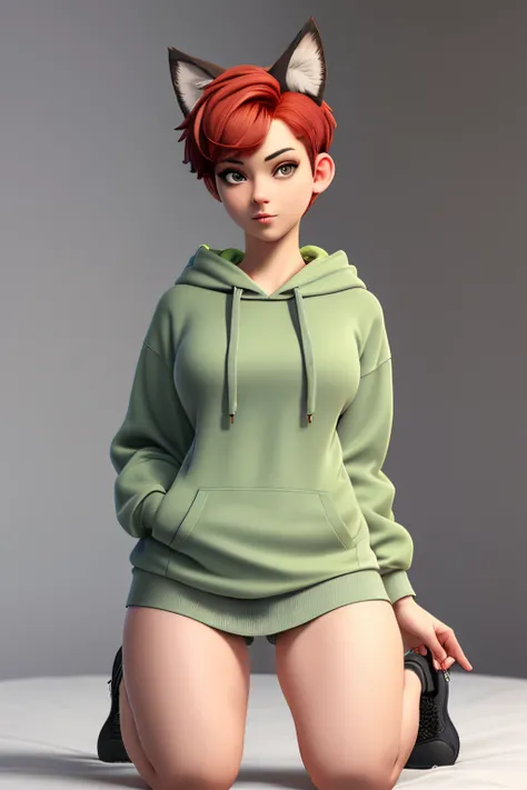 1girl, full body, teenager, solo, (short pixie cut Hair, undercut red hair: 1.28), ((light gray eyes)), some small freckles, (dark fox ears: 1.35), pale skin, large breasts, (thin hips, thin waist , athletic body: 1.25), simple background, looking away, (w...