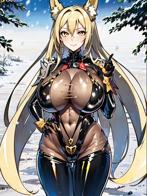 masterpiece, best quality, extremely detailed, 1girl, mature female, solo, yasaka dxd, (huge breasts:1.5), (((blonde hair, very long hair, crossed bangs, yellow eyes, slit pupils, fox ears))), parted lips, (((bodystocking, black gloves))), ((light smile), ...