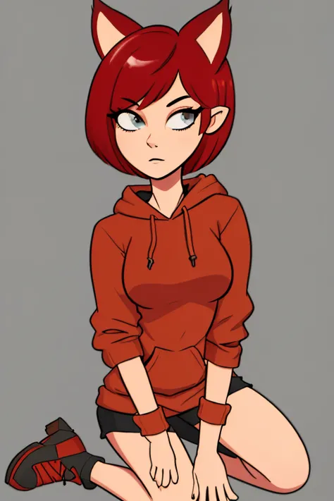 1girl, full body, teenager, solo, (short pixie cut Hair, undercut red hair: 1.28), ((light gray eyes)), some small freckles, (dark fox ears: 1.35), pale skin, large breasts, (thin hips, thin waist , athletic body: 1.25), simple background, looking away, (w...