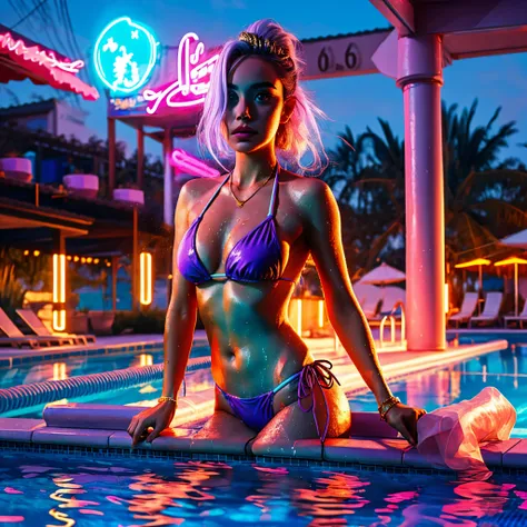 princess storm, purple bikini, pool side, golden hour, hot sweat, neon