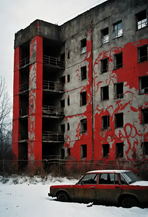 estructura brutalista gigante, estilo rusia de 1980, oscura, cemento, nieve,Camara Canon AE-1 50mm 1.8, minimal graffiti, auto de lujo abandonado color rojo apagado