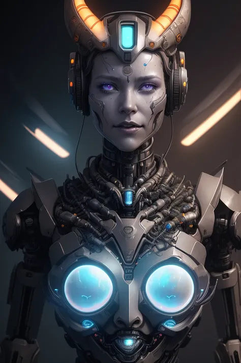 a close up of a robot with horns and a glowing halo, greg beeple, portrait of a cyborg queen, dan mumford. maya render, 4k detailed digital art, detailed digital 2d fantasy art, 4k highly detailed digital art, beautiful biomechanical djinn, portrait of a r...